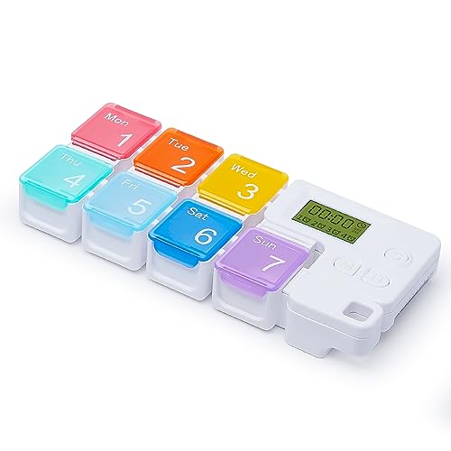 CHOMEOOK ピルケース 1週間 携帯用 タイマー 薬ケース 小型 サプリケース 習慣薬箱 ピル 薬ケース 1週間 薬飲み忘れ防止グッズ 薬 収納ケース (1週間+タイマー, 虹色)