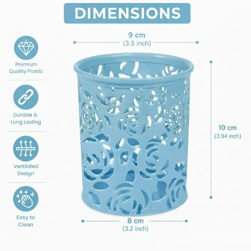 Image of Metal Mesh Pen Stand for Office & Home Desk | Black Stationery Holder Organizer for Pens, Pencils, Markers, Makeup Brushes | Durable Round Wire Mesh Pen Stand (Pack of 1) (Floral Sky Blue)