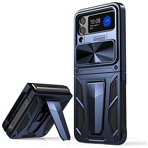 CASESTAR Military Armor Series Case for Samsung Galaxy Z Flip 4 / Z Flip 3，Build-in Kickstand & Camera Protection Sliding Cover - (Metallic Blue) Cover