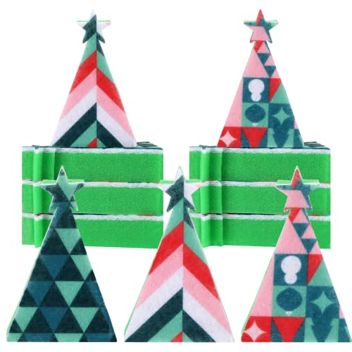 Image of Tioncy 12 Pack Christmas Tree Kitchen Sponges Bulk Colorful Geometric Tree Dual Sided Scrubber Sponges Dishwashing Kitchen Cleaning Accessories for Home Decor Household Supplies