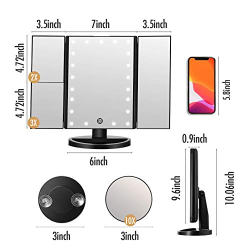 FASCINATE Trifold Led Lighted Makeup Mirror, 2X/3X/ Magnification