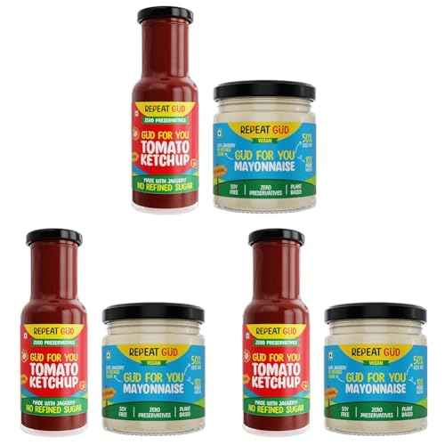 Image of REPEAT GUD Healthy Sauces (Tomato Ketchup, Mayonnaise) | No Refined Sugar, Made With Jaggery | No preservatives | GUD For Kids | 100% Natural Ingredients & Chemical free (Pack of 6)