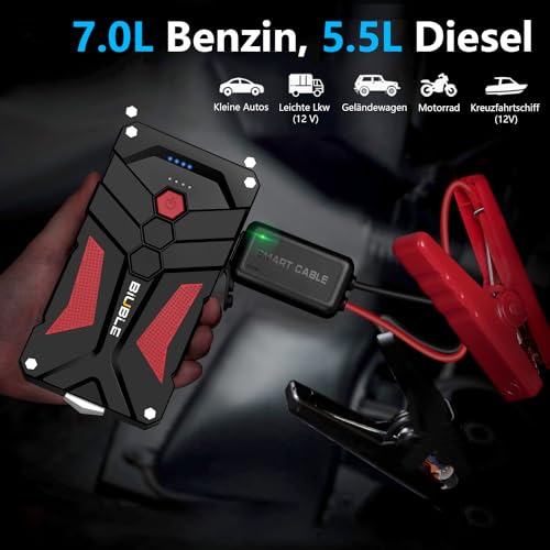 BIUBLE 5000A Starthilfe Powerbank 12V (Bis Zu 7,0L Benzin Oder 5,5L Diesel) Auto Starthilfe mit LED Taschenlampe Auto Batterie Booster Starter Powerbank für 12V-Fahrzeuge SUV Motorrad ATV Rasenmäher