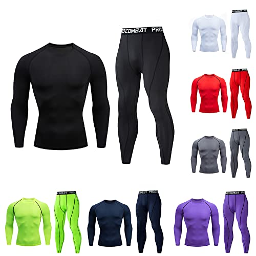 Men's Gym Running Fitness Kit Dry Fit Compression Pants Running Leggings Shirt Top Long Sleeve 2Pcs Workout Outfit Set Purple #TOP9