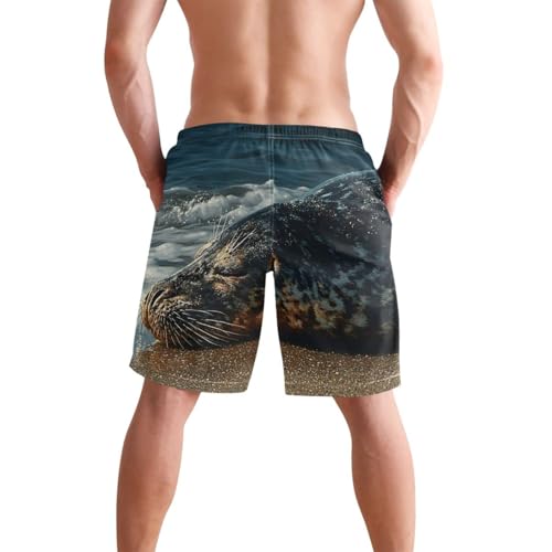 Men's Swim Trunks Beach Seal Print, Quick Dry Beach Board Shorts with Lining-S2
