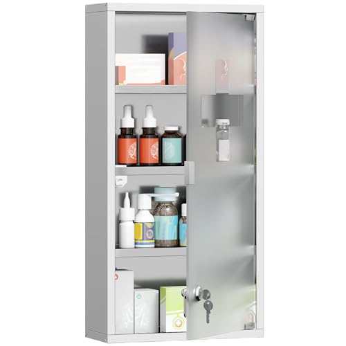 HOMCOM Wall Mounted Medicine Cabinet, Locking Wall Cabinet with 4 Tier Shelves, Stainless Steel Frame and Glass Door, Lockable with 2 Keys, Silver, 12' x 24'