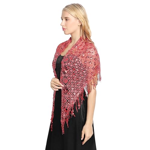 Women's Glittering Triangle Scarf Mesh Sequin Wedding Cape Fringed Evening Shawl Wrap2