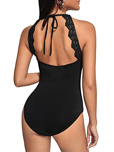 SheIn Women s Sleeveless Strappy Tie Open Back Lace Bodysuit Leotard Cami Tops Black Medium