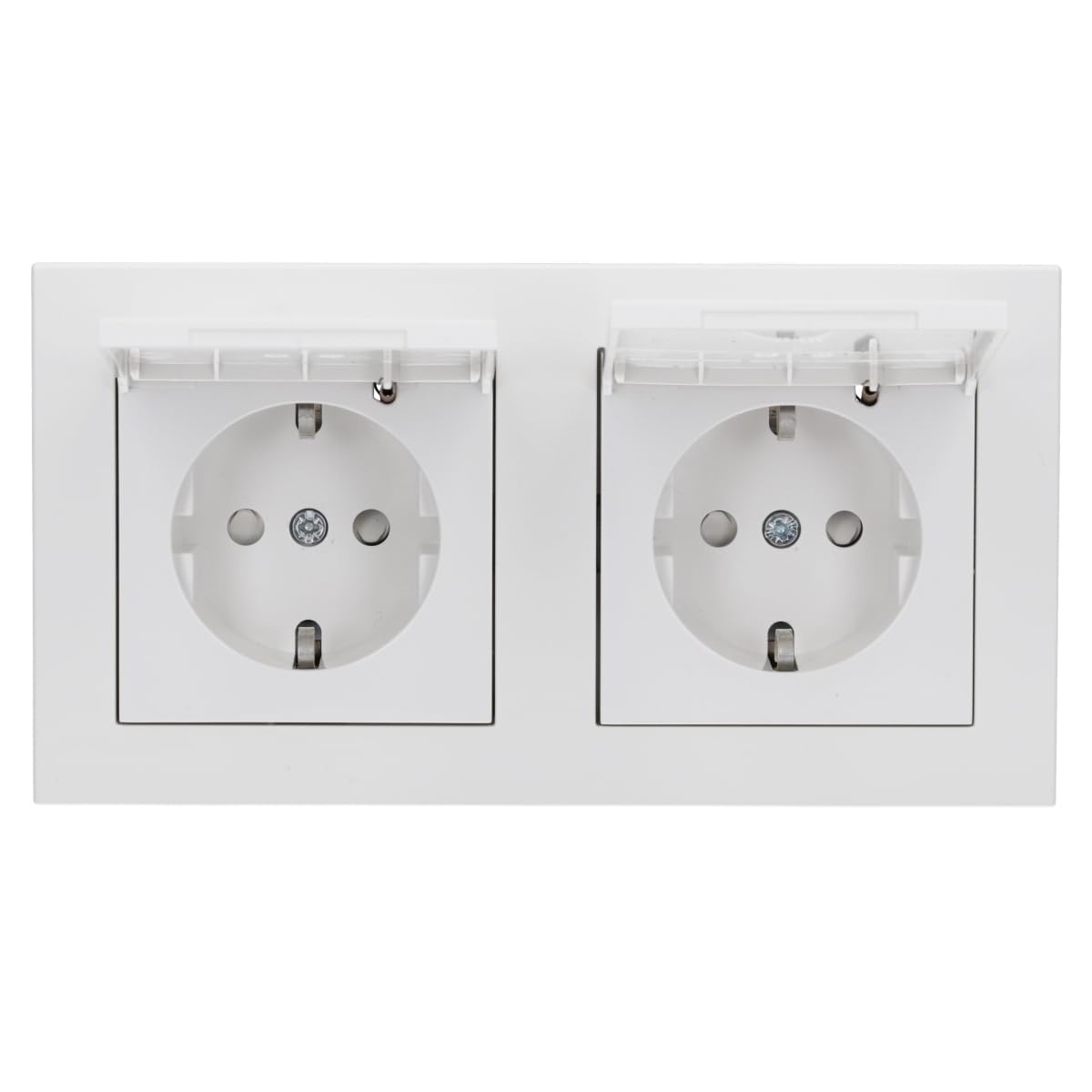 Panasonic Karre Plus 55 Komplett-Set: 2x WDTT03102WH Steckdose mit Klappdeckel + WDTF00022WH Rahmen 2-fach, reinweiß 55x55 mm + 2x WDTC07114NC Dichtungsset IP44