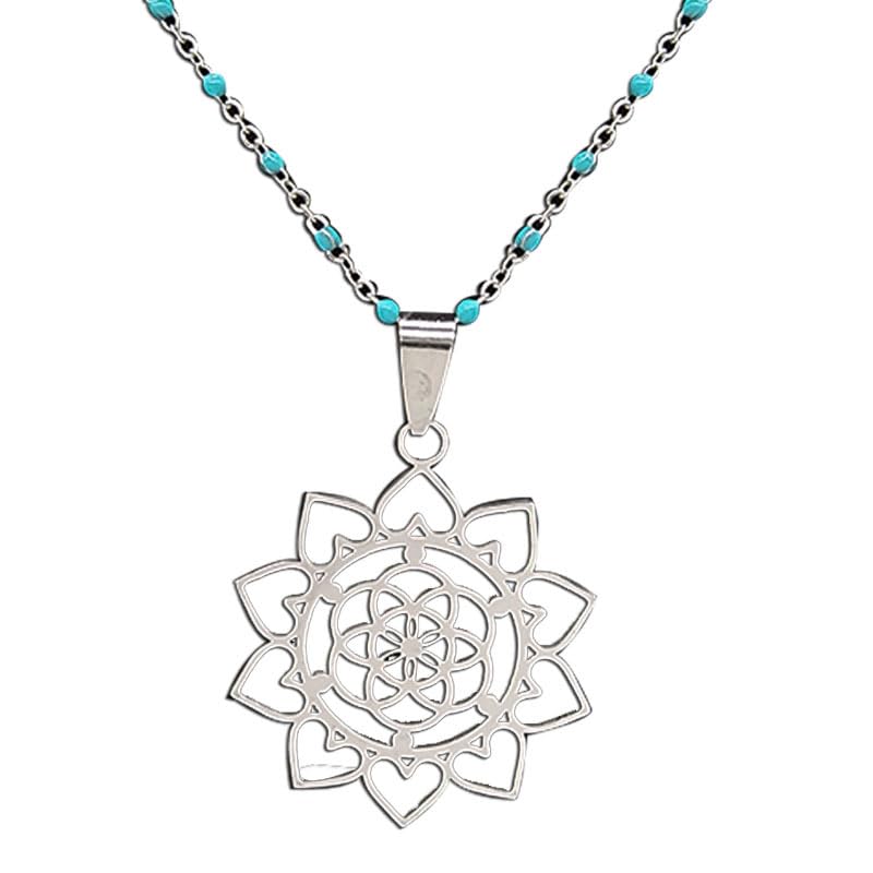 Collier Fleur de Vie spirituel, pendentif géométrie sacrée et turquoise pour l'harmonie