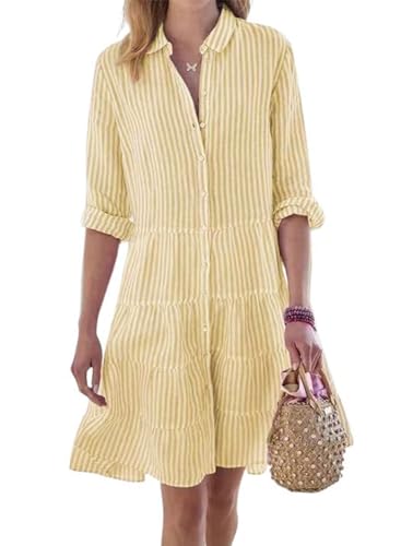 Image of utcoco Womens Striped Button Down Midi Shirt Dress Casual Loose Cuffed Long Sleeve Mid Long Dresses