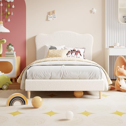GarveeHome Upholstered Twin Size Bed Frame for Kids with Scallop Headboard, Cute Velvet Twin Bed for Girls, Boys, Sturdy Platform Bed, No Box Spring Needed, Wooden Slats, Noise Free, White