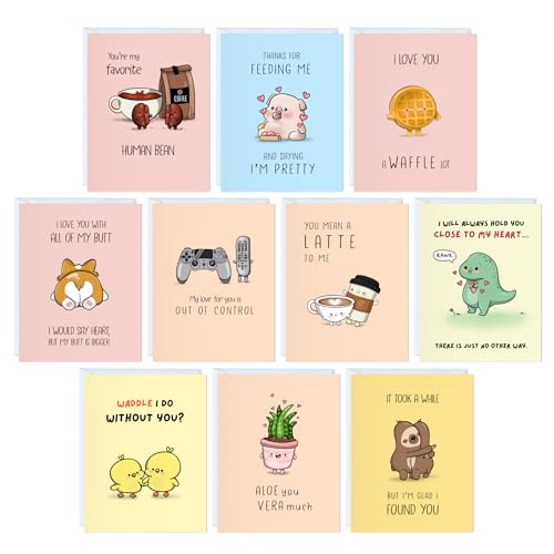 ALY LOU Boxed Set of 10 Funny, Cute Notecards for All Occasions, Assorted Anniversary Birthday Card for Her Him / Husband Boyfriend / Girlfriend Wife Kawaii Vday Greeting Card