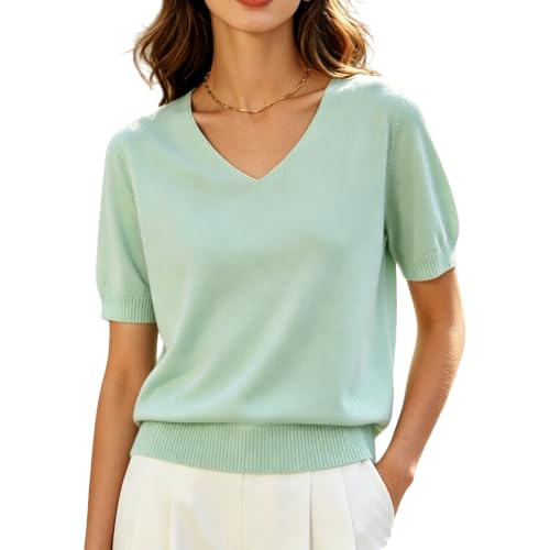 Image of DAIMIDY Women's Short Sleeve Sweater V Neck Summer Knit Tops