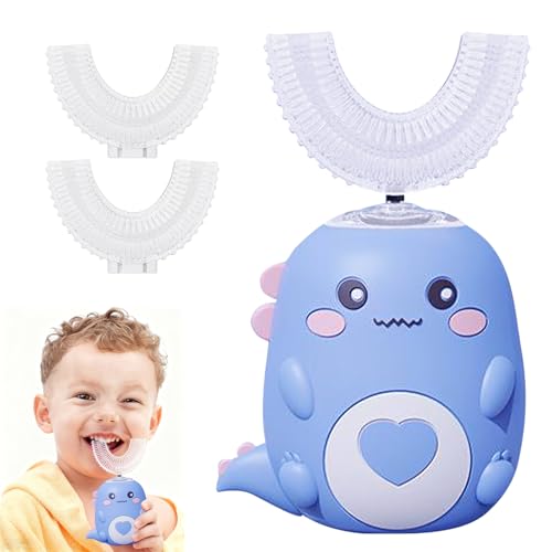 Brosse à dents électrique pour enfant - 360° - 3 têtes de brosse en silicone en forme de U - Minuterie intelligente - 2 vitesses - Brosse à dents dinosaure pour enfants (2 à 12 ans) (bleu de 6 à 12