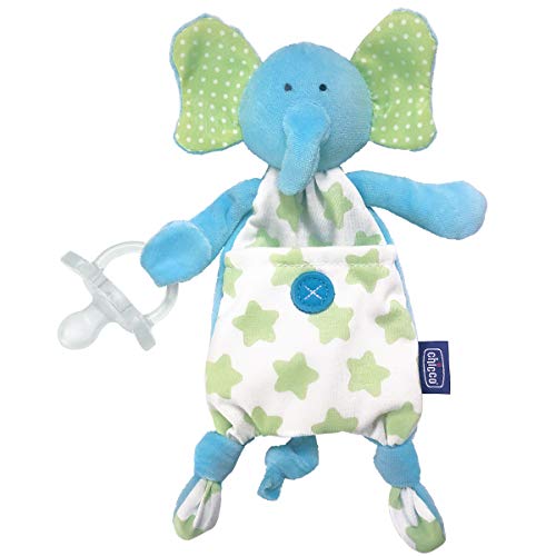 Chicco Pocket Buddies Soft Pacifier Holder-Lovey, Soothing Plush Toy Animal 0m+, Elephant