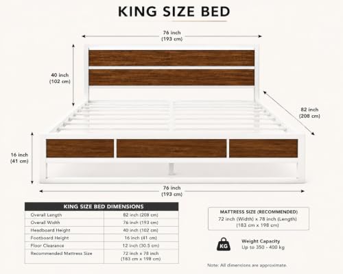 Image of King Size Metal Bed Frame with Wood Finish Headboard & Footboard | Heavy Duty Steel Platform Bed | White Powder Coated Frame | Noise Free | No Box Spring Required | Easy Assembly (White)