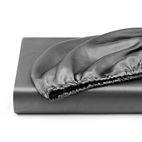 Queen Silk Satin Fitted Sheet, Soft Deep Pocket Single Bottom Bed Sheets Sold Separately, Wrinkle Free, Non- Fading, Breathable, Fully Elasticized(Queen Size, Dark Grey) #TOP6