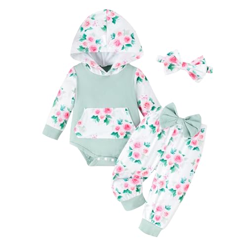 Newborn Infant Baby Girl Clothes 0-3-6-9-12-18 Months Outfits Sets Hoodie Romper + Pants + Bow Headband for Girls