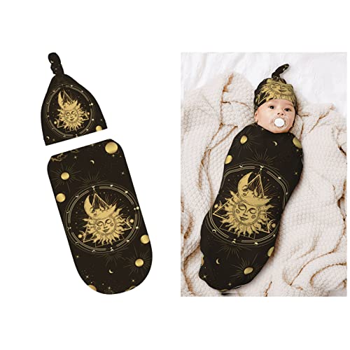 Image of Bapcoku Sun Moon Celestial Decor Black Newborn Swaddle Blankets Hat Sets Soft Stretchy Witchy Gothic Baby Stuff Receiving Blanket Gifts for Infant Boy Girl one size