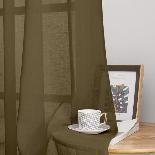 Image of Amazon Basics - Linen Textured Sheer Door Curtains | Light Filtering | 7 Feet | Set of 2 | Plain Design | for Living Room, Bedroom & Balcony | 210cm x 115cm, Color - Taupe