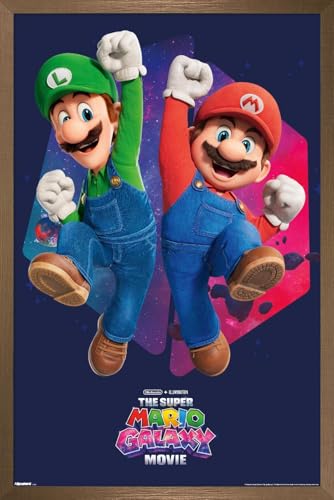 Trends International Nintendo The Super Mario Galaxy Movie (2026) - Mario & Luigi Jump Wall Poster, 22.4L x 14.7W, Bronze Framed Version