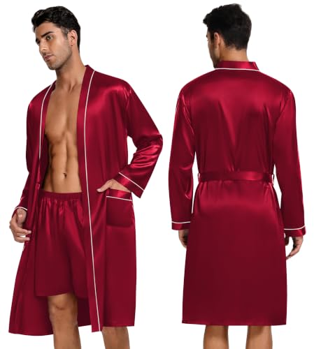 Image of SWOMOG Mens 3 PCS Satin Robe with Pants & Shorts Set Kimono Bathrobe Long Sleeve Sleepwear Pjs Sets with Pockets