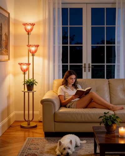 Image of Lightdot Glass Floor Lamp for Living Room Gold Floor Lamp with Rose Red Glass Shade & 3000K Bulbs Included Modern Tall Standing Lamp with 5Lbs Heavy Base for Bedroom /Sofa Beside /Corner Decor