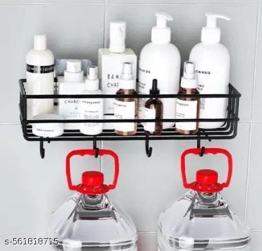 (Pack of 2) Steel Self-Adhesive Multipurpose Bathroom Shelf with Hooks/Towel Holder/Rack/Bathroom Accessories-Wall Mount - Pack of 2 (Black,Powder Coated)