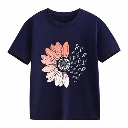 Girls Loose Fit Sunflower Graphic T Shirts Short Sleeve Crewneck Cute Pattern Printed Tops (B-Dark Blue, 12-13 Years)2