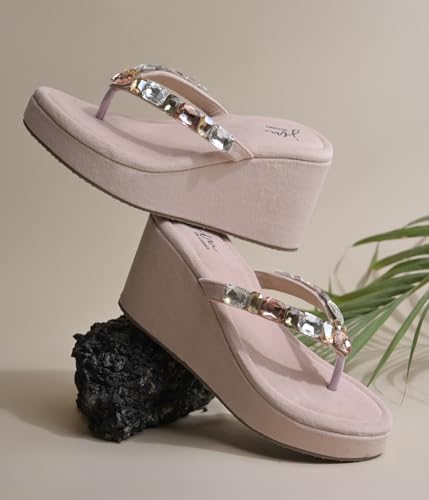 Image of JM LOOKS Women's Rhinestone Sandals High | Low Platform T-Strap Jewel Sandals High Wedge Flip Flops Sandal Summer Beach Sandal