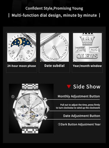 Image of OLEVS Automatic Men Watch Self Winding Mechanical Moon Phase Business Luxury Diamond Dress Stainless Steel Waterproof Luminous Mens Wrist Watch