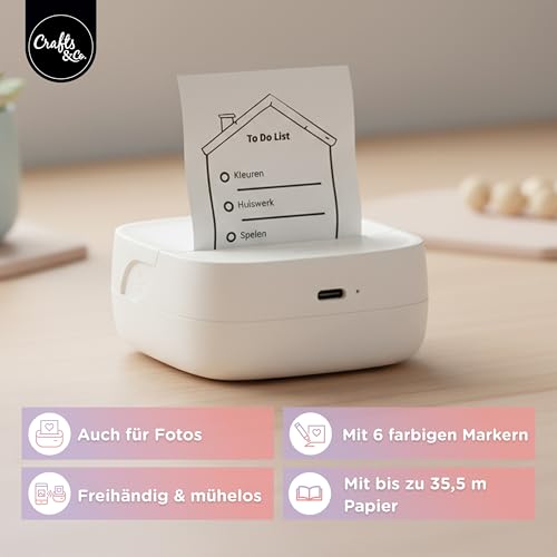 Crafts&Co® Mini Pocket Drucker | Tragbarer Bluetooth Fotodrucker Für Smartphone Sticker Und Notizen | Thermodrucker Ohne Tinte | Größe 8x8x3CM Weiß