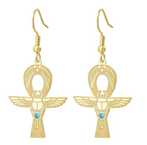 Ankh Cruz Ojo de Horus Pendientes de piedras preciosas clave de la vida Escarabajo Diosa Egipcia Isis Pendientes Amuleto Antiguo Egipto Protección Amuleto Joyería Religiosa para Mujer, M, Acero