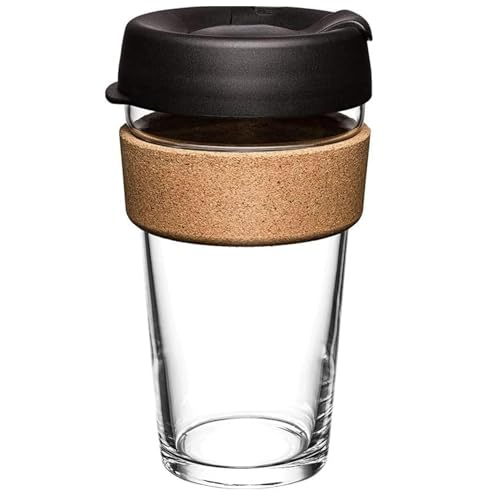 Reusable Glass Coffee Cup/Travel Mug with Lid - Heat Resistant Sleeve Surround Eco Friendly with Plugged Removable Soft Silicone Lid (Black 470ML Cork)