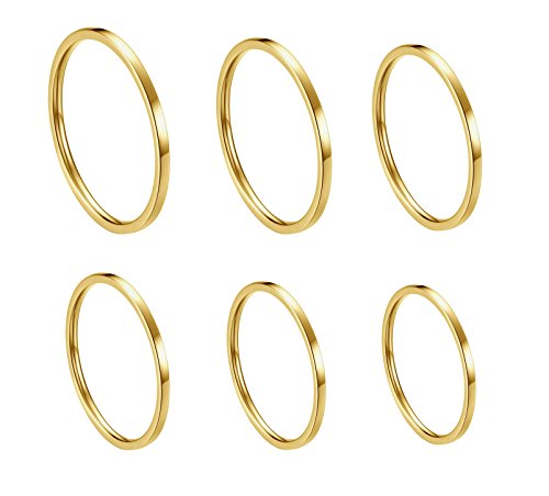 ALEXTINA Women's 6Pcs Stainless Steel 1MM 14k Gold Plated Rings for Women Thin Midi Stacking Rings Plain Band Comfort Fit Size 4 to 9