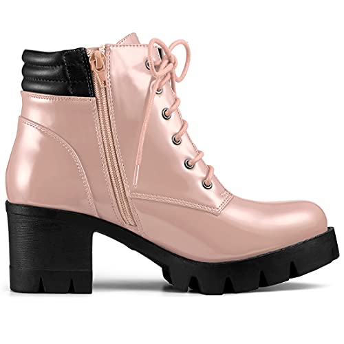 Allegra K Allegra K Women's Round Toe Chunky Heel Lace Up Zipper Pink Combat Boots 7 M US