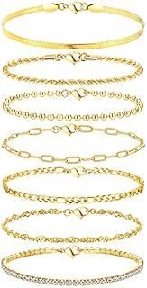 ADRAMATA 7 Pcs Chain Bracelets for Women 14K Gold Plated Stacking Bracelets Twist Figaro Herringbone Chain Bracelets Adjustable CZ Link Charm Bracelets Set Silver Gold Tone Bracelets for Women Girls