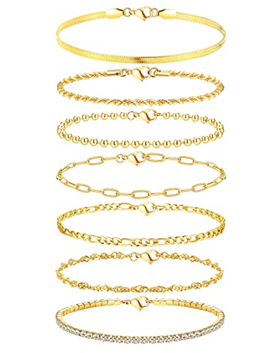 Adramata 7Pcs Ketten Armbander 14 Karat Vergoldet Armkette Twist Figaro Kettenarmbänder Verstellbar CZ Modeschmuck Set Silber Gold für Damen Mädchen