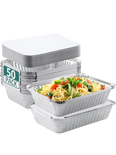 Image of NEEBAKE 50 Pack 8x6 Disposable Aluminum Pans with Lids Aluminum-Foil-Pans-Tin-Foil-Baking-Pans-Tin-Trays-Food-To-Go-Containers-for-Meal-Prep-Cooking-Roasting-Heating-Takeout