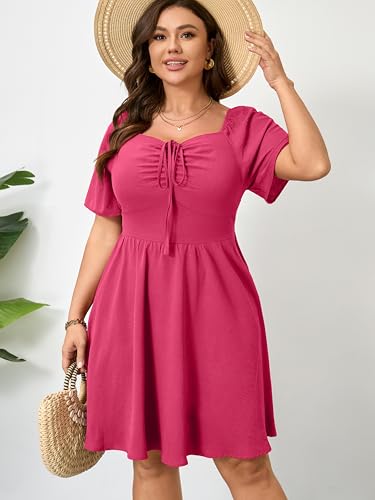 Image of RWJ Women Plus Size Summer Dress Short Sleeve Tie Front Sweetheart Neck Casual Mini Wedding Guest Dresses 2025