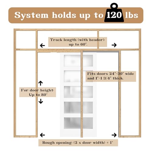 Kit de marco para puerta corredera de bolsillo 24" x 80" con mecanismo de cierre suave bidireccional de 120 lbs, herrajes para puertas de 24" a 36" de ancho, instalación fácil y deslizamiento silencioso miniatura 2