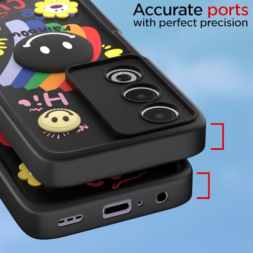Image of Pikkme Back Cover for Oppo A3 Pro 5G | Soft Silicone| Cute Rainbow Smile & 3D Cartoon Flower Design | Shockproof Raised Camera Protection Bumper Case (Black)