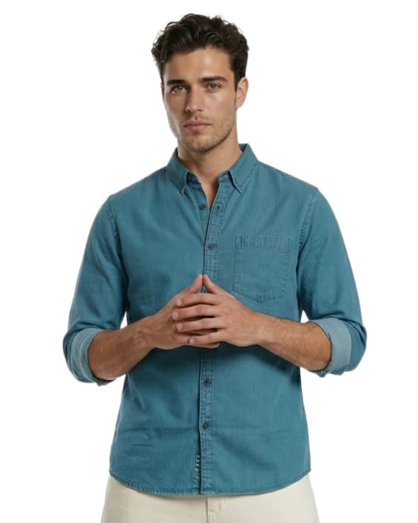 Image of Amazon Brand - INKAST Men Washed Cotton Twill Denim Casual Button Down Shirt | Full Sleeves | Regular Fit | Stylish Summer - Everyday Wear