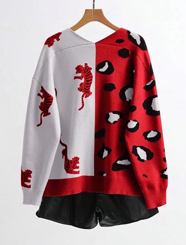 Women Leopard Cardigan Graphic Print Button Down V Neck Long Sleeve Sweater Color Block Lightweight Knit Top Outwear2