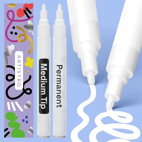 ARTISTRO 2 White Permanent Marker - Waterproof Markers for Tire Fabric Rocks Glass Ceramic Wood Paper - Oil Based Paint Pens - Medium Tip 3mm