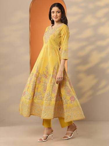 Image of Libas Printed Cotton Anarkali Kurta With Trouser and Dupatta | ethnic wear | bridal suit | occasion wear