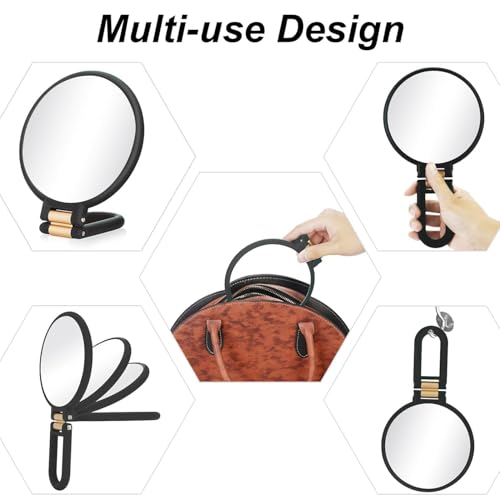 Image of 15X Folding Handheld Makeup Mirror | 23 x 13.5 x 2 cm | Double-Sided 1X /15X | Portable Travel & Purse Mirror | Multicolour Plastic Frame (1, Folding Round)