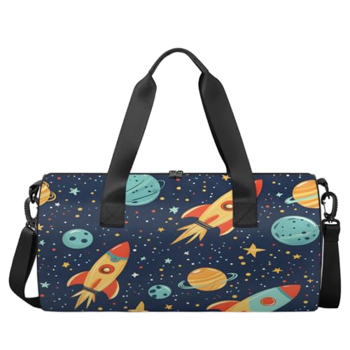 Starry Sky Flying Rocket Round Barrel Sports Fitness Bag, Travel Luggage Bag, Reusable Handbag, Suitable For Men and Women2