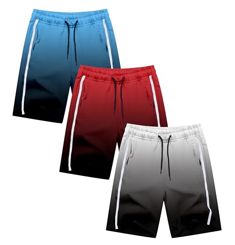 Boys 3 Pack Athletic Lightweight Shorts Quick Dry Zipper Pockets Shorts